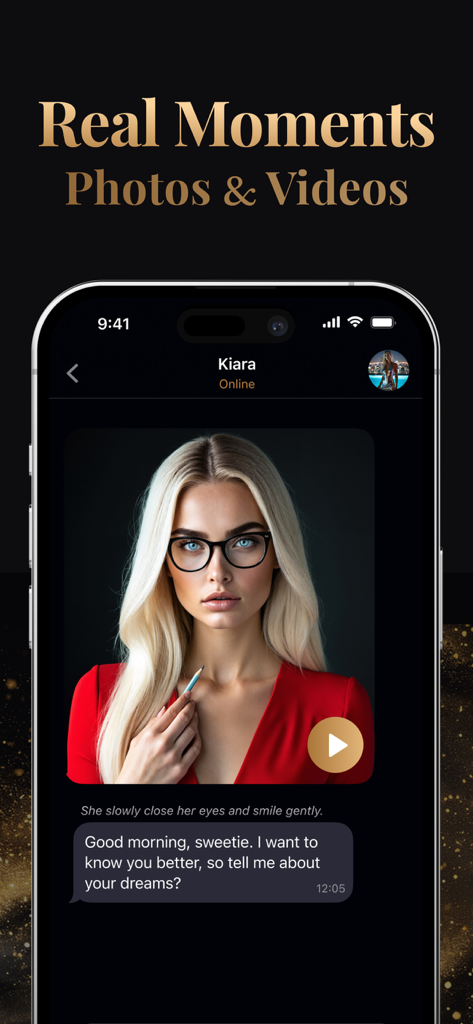 A screenshot of the VegaX app showing a chat session with a blonde virtual companion named Kiara.