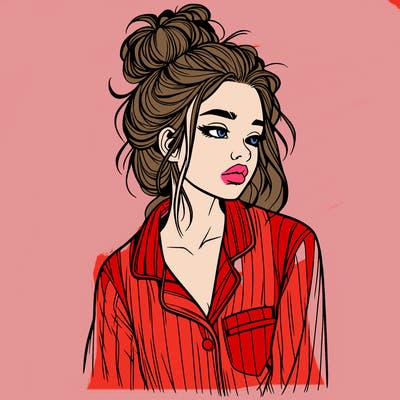realistic woman with pajamas on and a messy bun