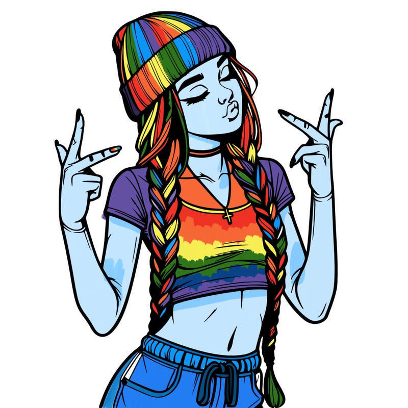 realistic teenage girl with braids and a beanie and crop top doing 🫶🏼