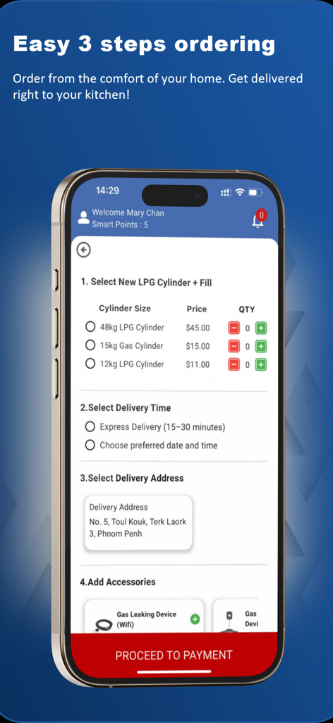 A smartphone screen showing the D SMART GAZ app ordering process for LPG gas cylinders