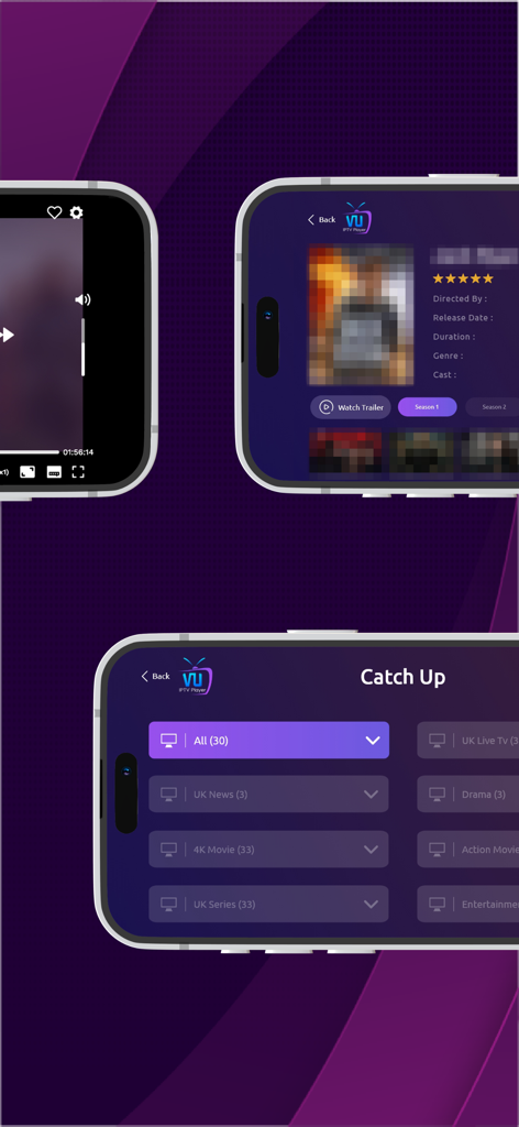 VU IPTV PLAYER - Screenshots of the VU IPTV PLAYER app on iPhone showing the video player, movie details page, and catch up TV categories.