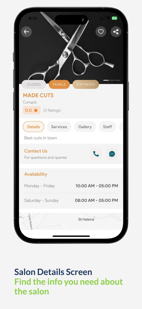 Boek Nu - Boek Nu app interface showing hair salon business details and booking hours