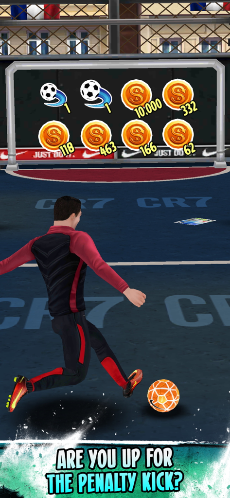 Cristiano Ronaldo character preparing to take a penalty kick with rewards in the goal area