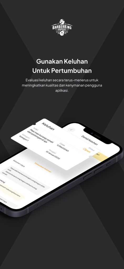 Barberking - Mobile interface of the Barberking app showing the customer feedback and complaint management feature
