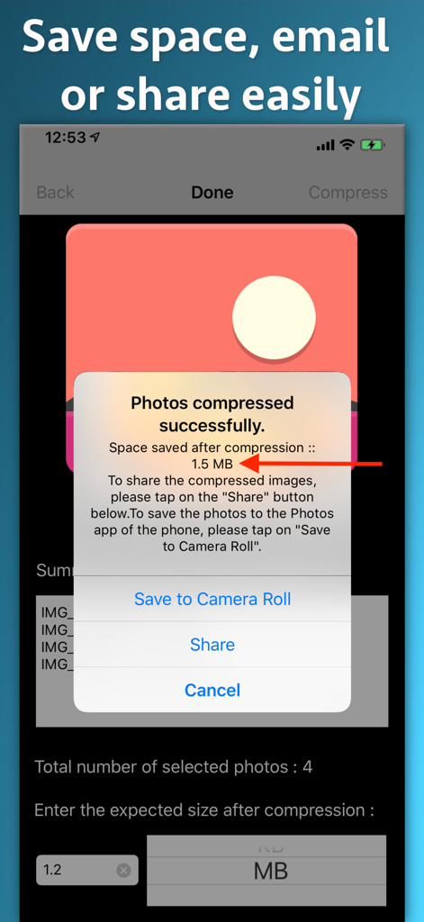 Video-Photo-Audio Compressor - Mensaje de éxito en la aplicación después de comprimir fotos mostrando el espacio ahorrado y las opciones para compartir