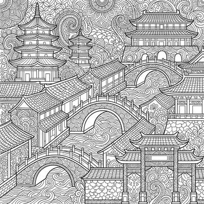 Discover the grandeur of the Sui Dynasty with this captivating Zentangle coloring page, featuring stunning traditional Chinese architecture and serene landscapes. This intricate design offers a unique blend of history and meditative artistry, perfect for advanced colorists.