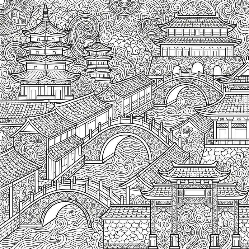 Discover the grandeur of the Sui Dynasty with this captivating Zentangle coloring page, featuring stunning traditional Chinese architecture and serene landscapes. This intricate design offers a unique blend of history and meditative artistry, perfect for advanced colorists.