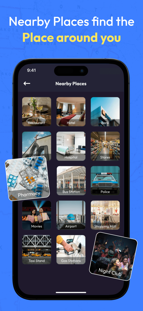 Street View Map- Live Earth 3D - Nearby Places feature in the Street View Map app showing icons for restaurants, hospitals, and local services.