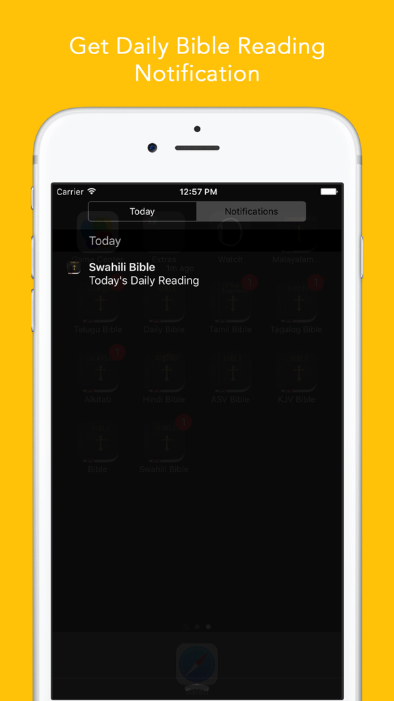 Swahili Bible: Easy to use Biblia Takatifu app for daily offline Bible book reading - Swahili Bible app daily reading notification on a smartphone screen