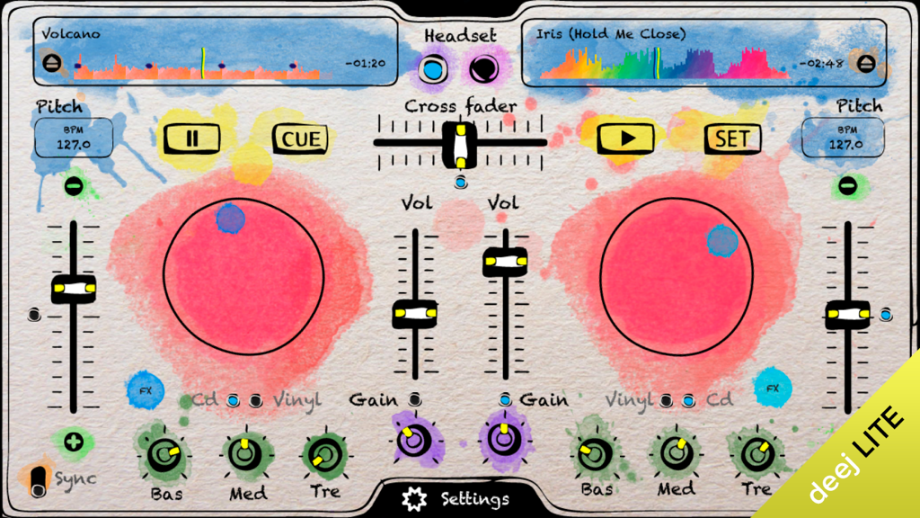 deej Lite - DJ turntable. Mix, record & share your music - A digital DJ turntable interface from the deej Lite app featuring two mixing decks and audio controls with an artistic watercolor design.