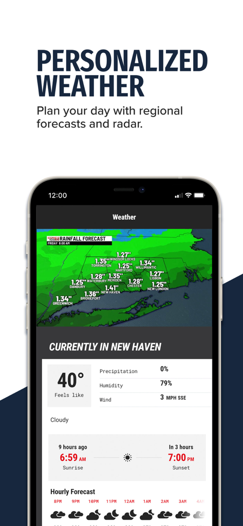 WTNH News 8 app interface displaying personalized weather forecast and regional rainfall radar for Connecticut.