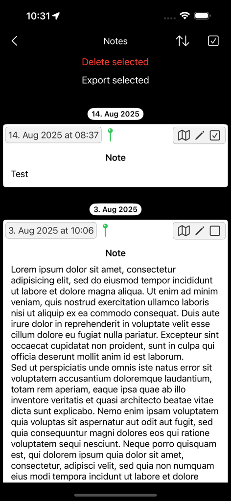 OSM Maps - A list of geospatial notes in the OSM Maps app showing dated entries with location pins and map icons.