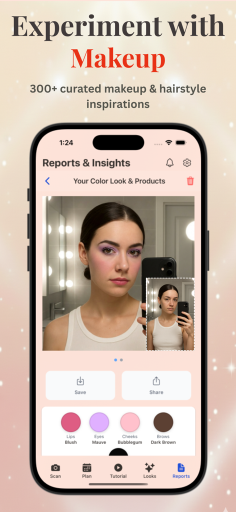 Makeup Check AI - AI Makeup - Un smartphone que muestra la aplicación Makeup Check AI con una prueba virtual de maquillaje y análisis de paleta de colores en la foto de un usuario.