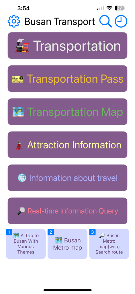Menu principale dell'app Busan Transport con opzioni di navigazione per mappe dei trasporti e informazioni sulle attrazioni.