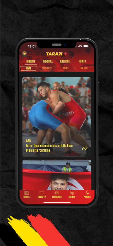 Taraji + - Interface de l'application Taraji plus montrant un article de presse sur les championnats de lutte avec une photo de deux lutteurs en action.
