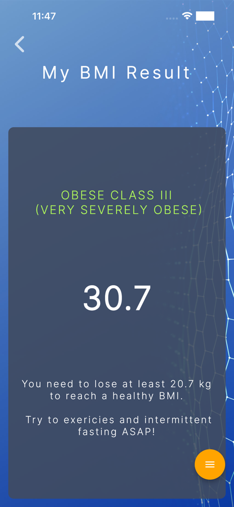 Abody.ai - Abody.ai mobile app screen showing a BMI measurement result of 30.7 with health recommendations