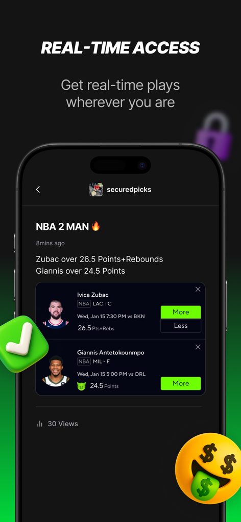 DubClub - DubClub app interface showing real-time NBA player prop betting picks for Ivica Zubac and Giannis Antetokounmpo