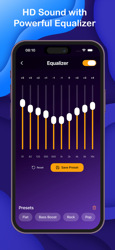 Offline Music Player: Sonix - Pantalla del ecualizador de la aplicación Sonix mostrando deslizadores de frecuencia y preajustes de audio
