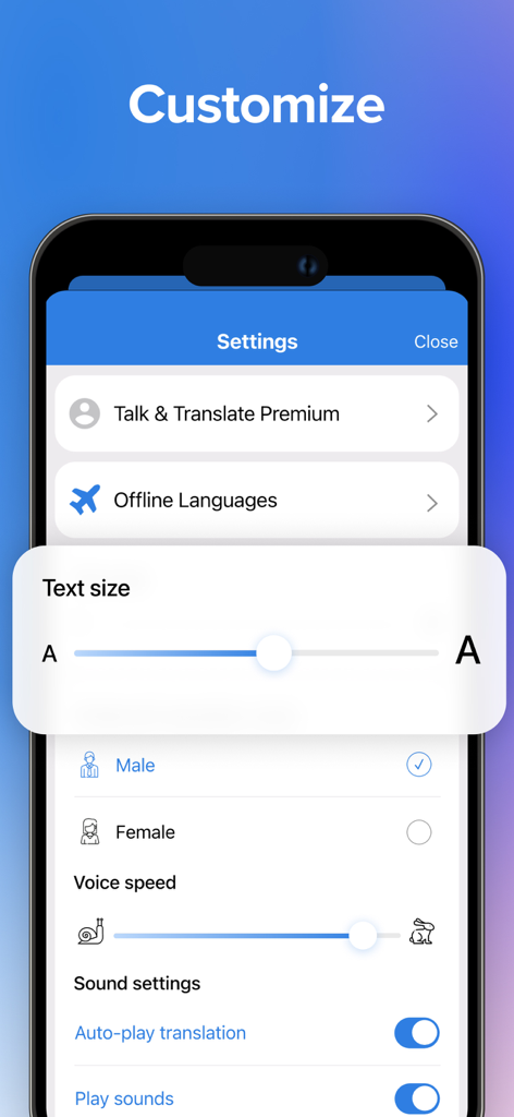 Talk & Translate AI Translator - Schermata delle impostazioni dell'app che mostra le opzioni di personalizzazione per la dimensione del testo, la velocità della voce e le preferenze audio