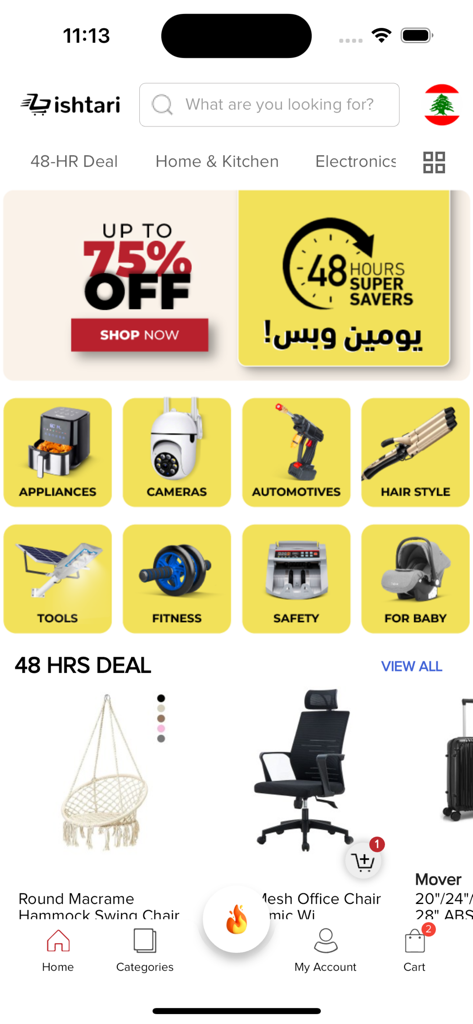 Oberfläche der Ishtari E-Commerce-App mit Produktkategorien und Werbeangeboten