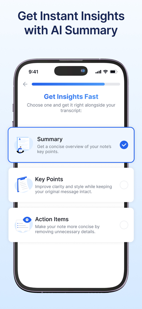 Transkriptor - Speech to Text - A smartphone screen displaying the Transkriptor app with AI summary options for transcription including Summary Key Points and Action Items.