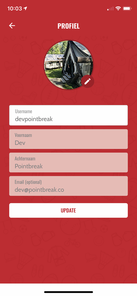 Mobile app screen showing user profile settings with username and email fields