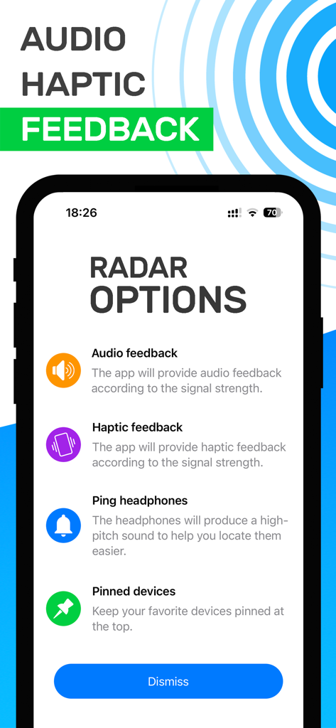 AirTracker app screen showing radar options for audio and haptic feedback to find Bluetooth devices