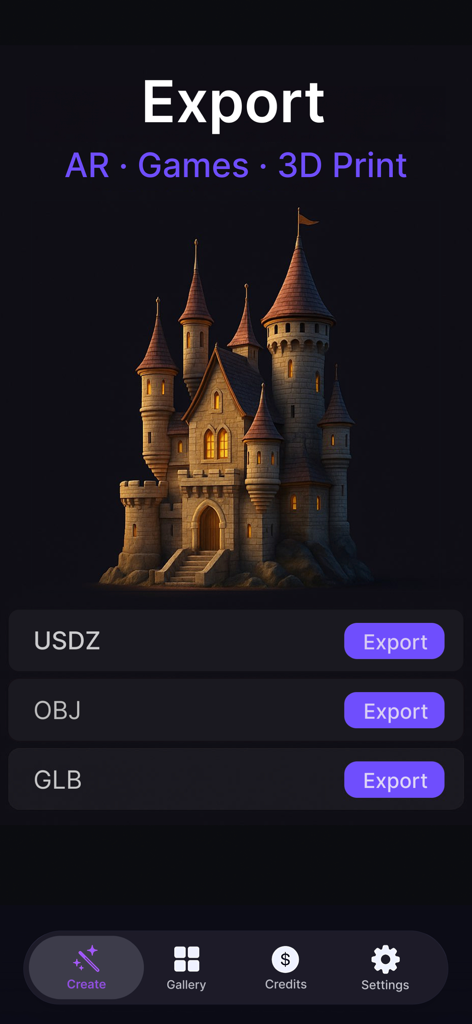 USDZ、OBJ、GLB形式の3D城モデルのエクスポートオプションを表示する3DモデリングAIアプリのインターフェイス