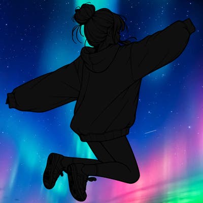 realistic girl jumping with a bun and oversized sweatshirt