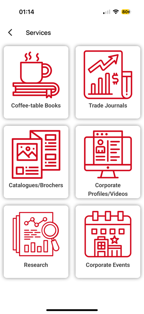 LMDi - LMDi app services screen displaying icons for trade journals, corporate profiles, and business research.