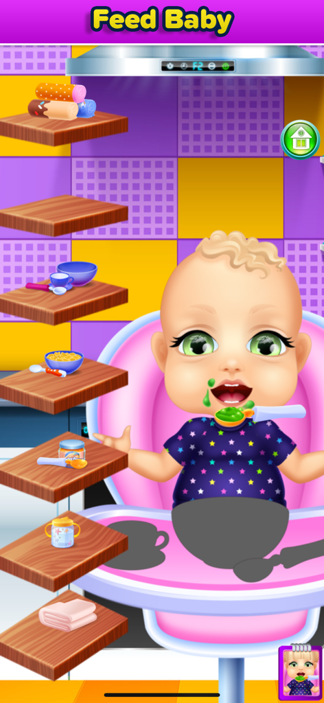 Mommy's New Baby Girl Game - A baby in a high chair being fed green food in the Mommy's New Baby Girl Game