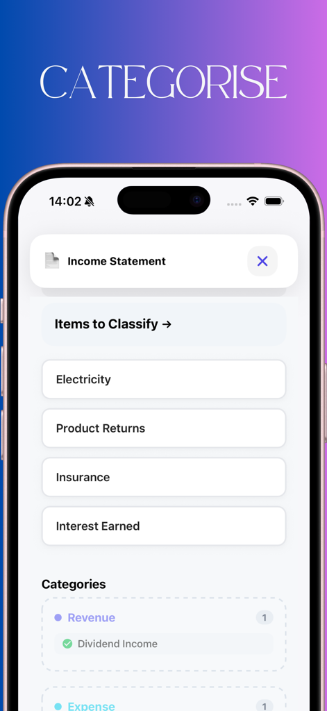 Accounting CPA Quiz Game - Interfaz de la aplicación Accounting CPA Quiz Game mostrando una tarea para categorizar elementos para un estado de resultados