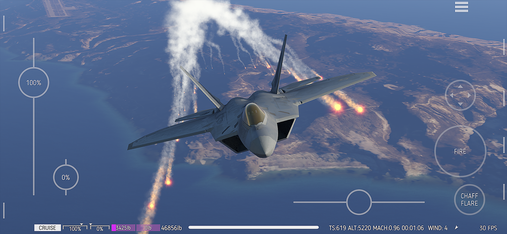 An F-22 Raptor fighter jet releasing defensive flares over a coastal landscape in the Carrier Landing HD flight simulator