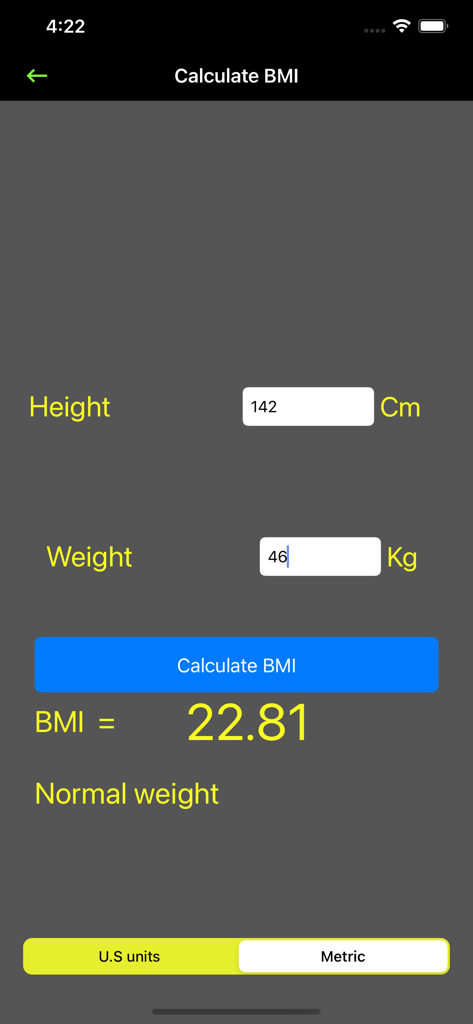 A mobile screen showing a BMI calculator with height and weight inputs in metric units resulting in a normal weight score