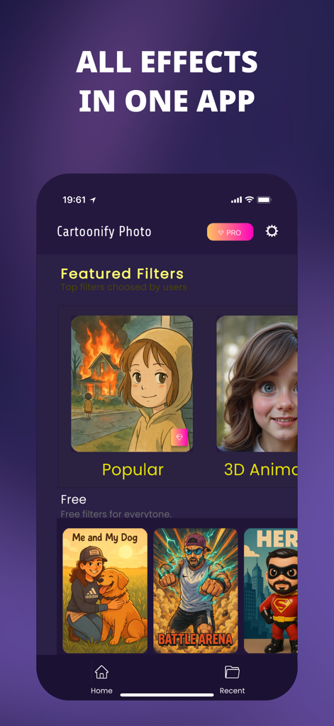 Interfaz de la aplicación que muestra filtros de fotos de estilo anime 3D y de dibujos animados en Cartoonify Picture.