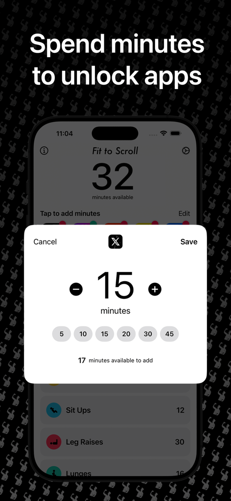 Interface de l'application Fit to Scroll montrant comment dépenser les minutes d'exercice gagnées pour déverrouiller des applications de réseaux sociaux comme X.