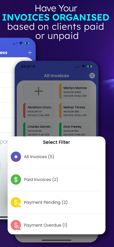 Invoice Maker + Estimate App - Mobile app interface showing how to organize and filter invoices by paid and unpaid status.
