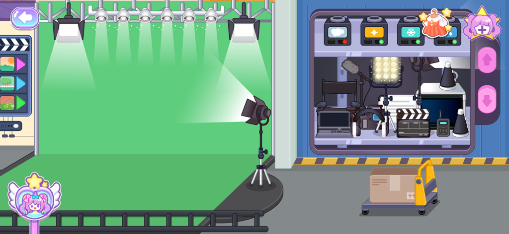 Uma cena de estação de TV de desenho animado com um estúdio de tela verde e equipamento de filmagem profissional.
