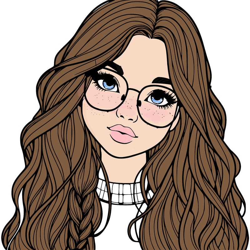 girl with long hair and freckles and glasses realistic