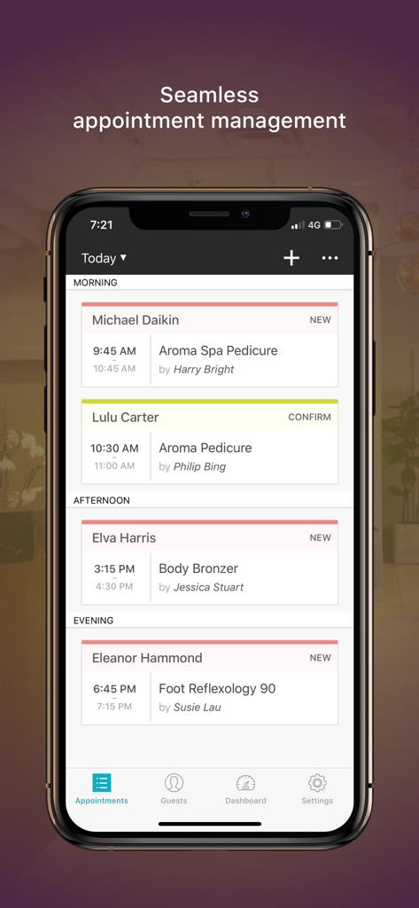 Zenoti Mobile - Zenoti Mobile app showing a daily schedule with morning, afternoon, and evening appointments for salon and spa services.