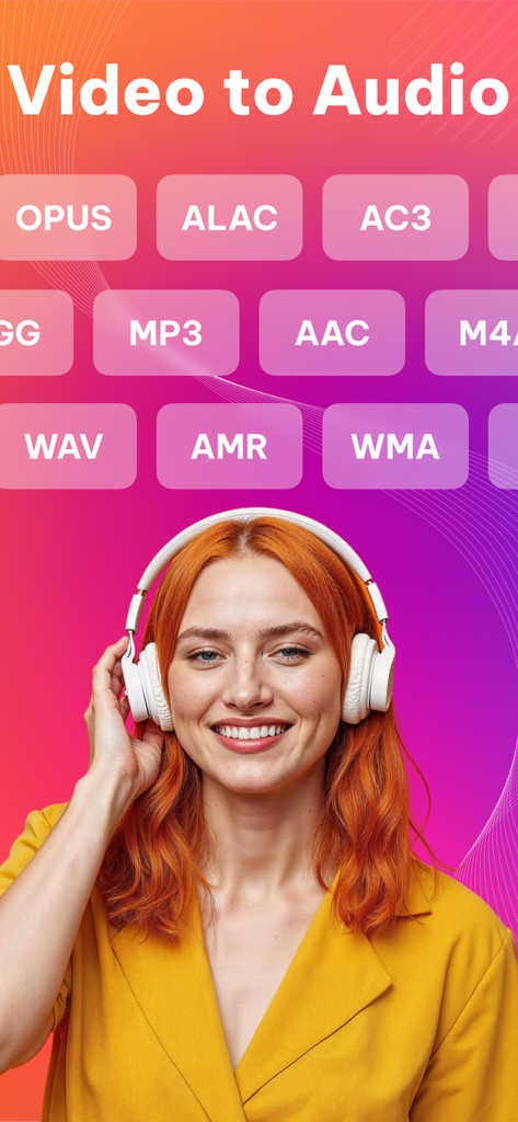 Video to MP3: Audio Converter - A young woman wearing headphones with various audio format icons for video to audio conversion