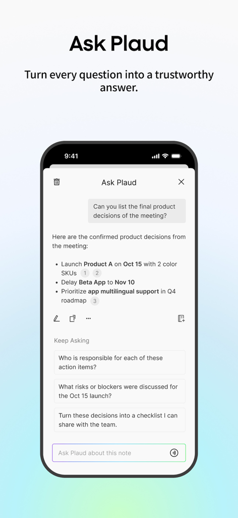 Plaud: AI Notetaker - Interface of the Ask Plaud feature in the Plaud AI Notetaker app showing a chat summary of meeting decisions.