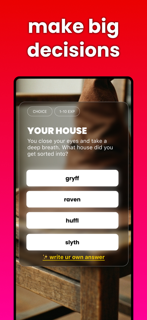 Interface of the Simmy app showing an interactive story choice for house sorting.