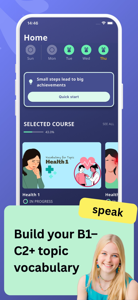 Tableau de bord principal de l'application Hala montrant un cours de vocabulaire anglais sur des sujets de santé avec des niveaux B1 à C2.