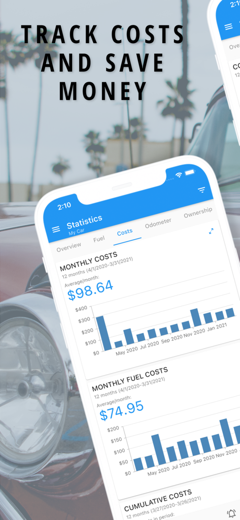 Monthly vehicle cost and fuel expense statistics charts in My Car app