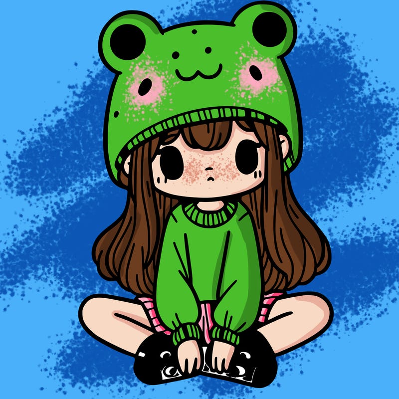 a girl wearing a frog hat and some frog socks