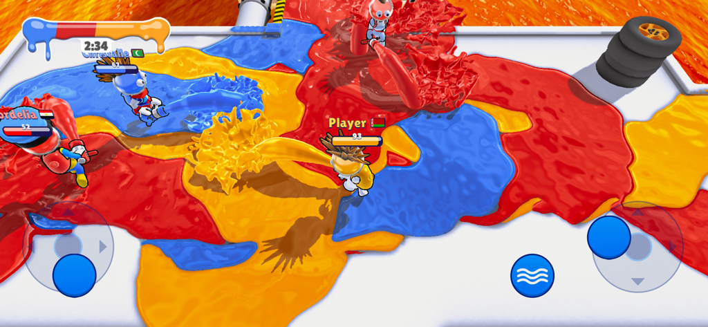 Dye Hard - Color War - Three teams in red blue and yellow competing in a paint battle using fluid simulation mechanics