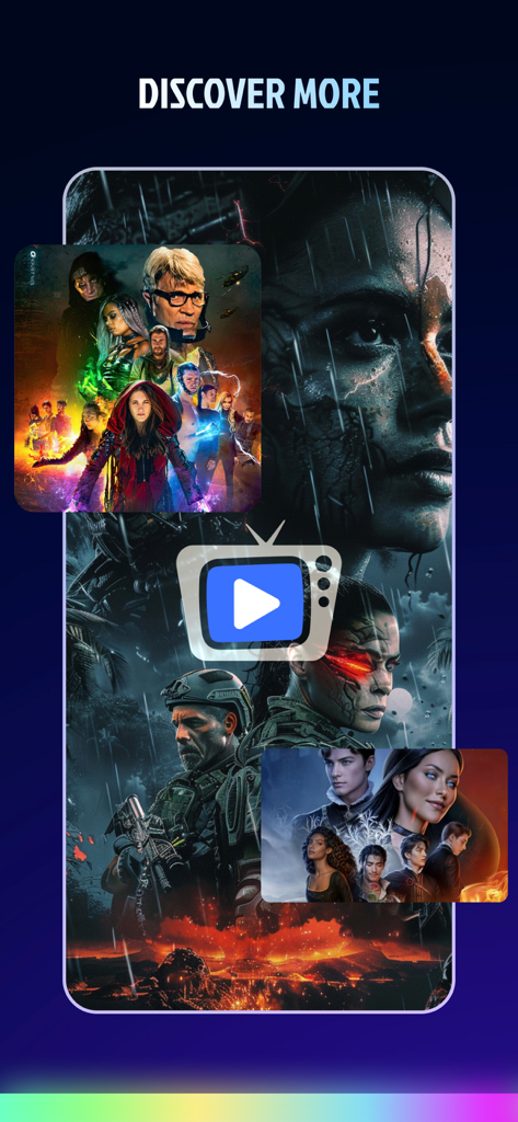 Interface of Multi Television 2025 app showing various cinematic movie posters with a discover more heading