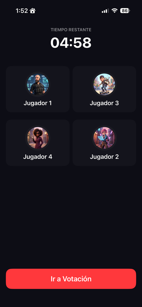 Undercover Agent - Impostor - Gameplay screen of Undercover Agent featuring player avatars, a countdown timer, and a voting button.