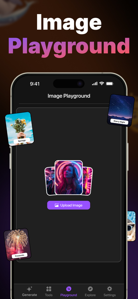 Genmoji - AI Emoji Maker - Écran d'iPhone montrant le terrain de jeu d'images de l'application Genmoji avec un bouton de téléchargement et des exemples de photos créatives